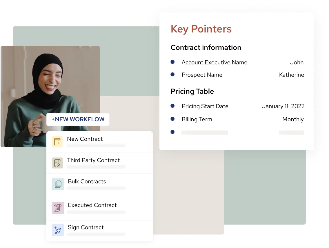Smiling woman wearing a hijab with an overlay showing a menu for creating and managing contracts and a key pointers panel listing contract and pricing details.